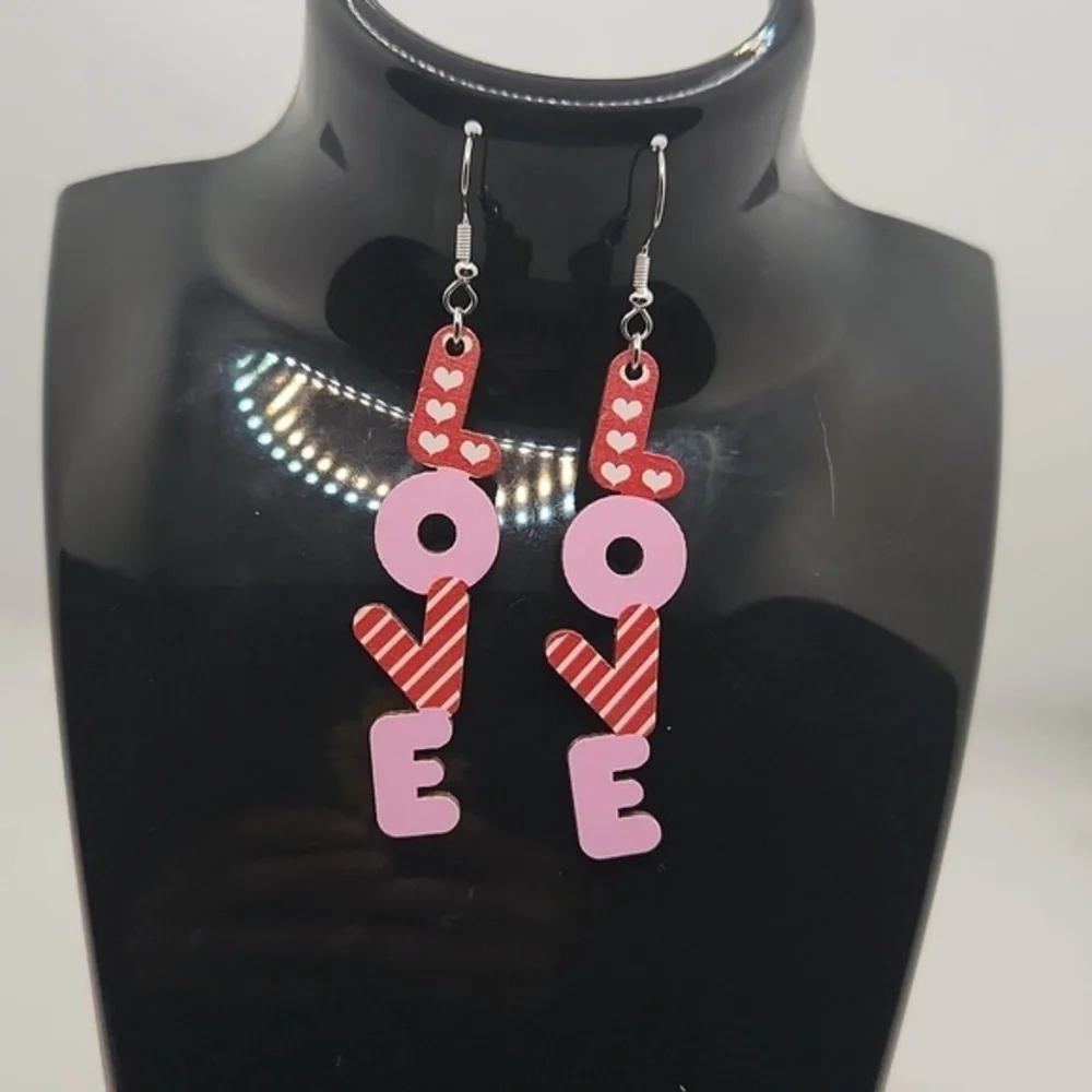 Valentines‎ Day Jewelry Love Heart Letters Womens Dangle Wooden Earrings